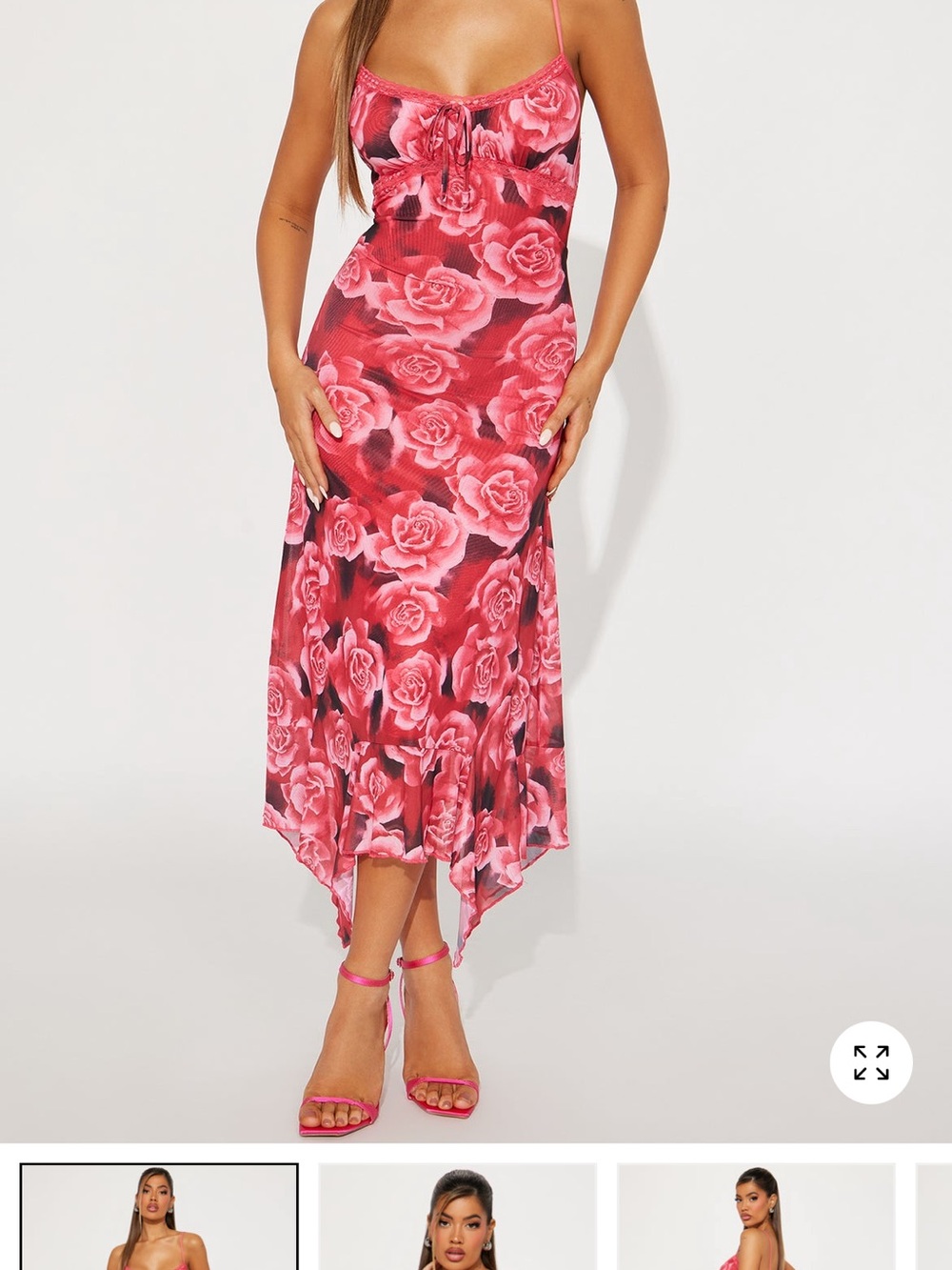 Fashion Nova Pink Rose-Print High-Low Slip Skirt. Like new. Grab it!